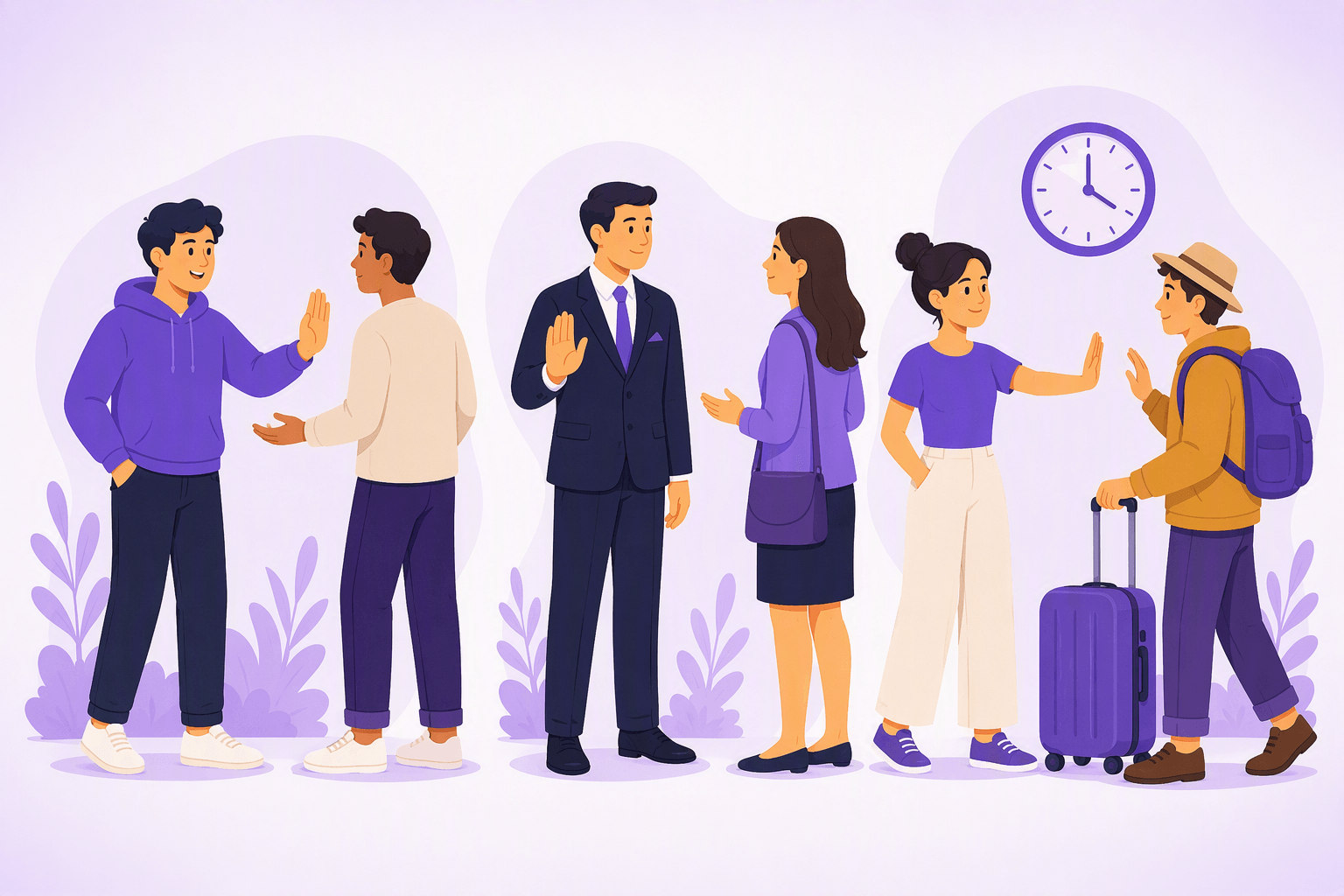 Flat-vector scene showing several ways to ask someone to wait, including familiar and formal gestures, a hold-on gesture, and a traveler asking another person to wait beside a clock and suitcase.