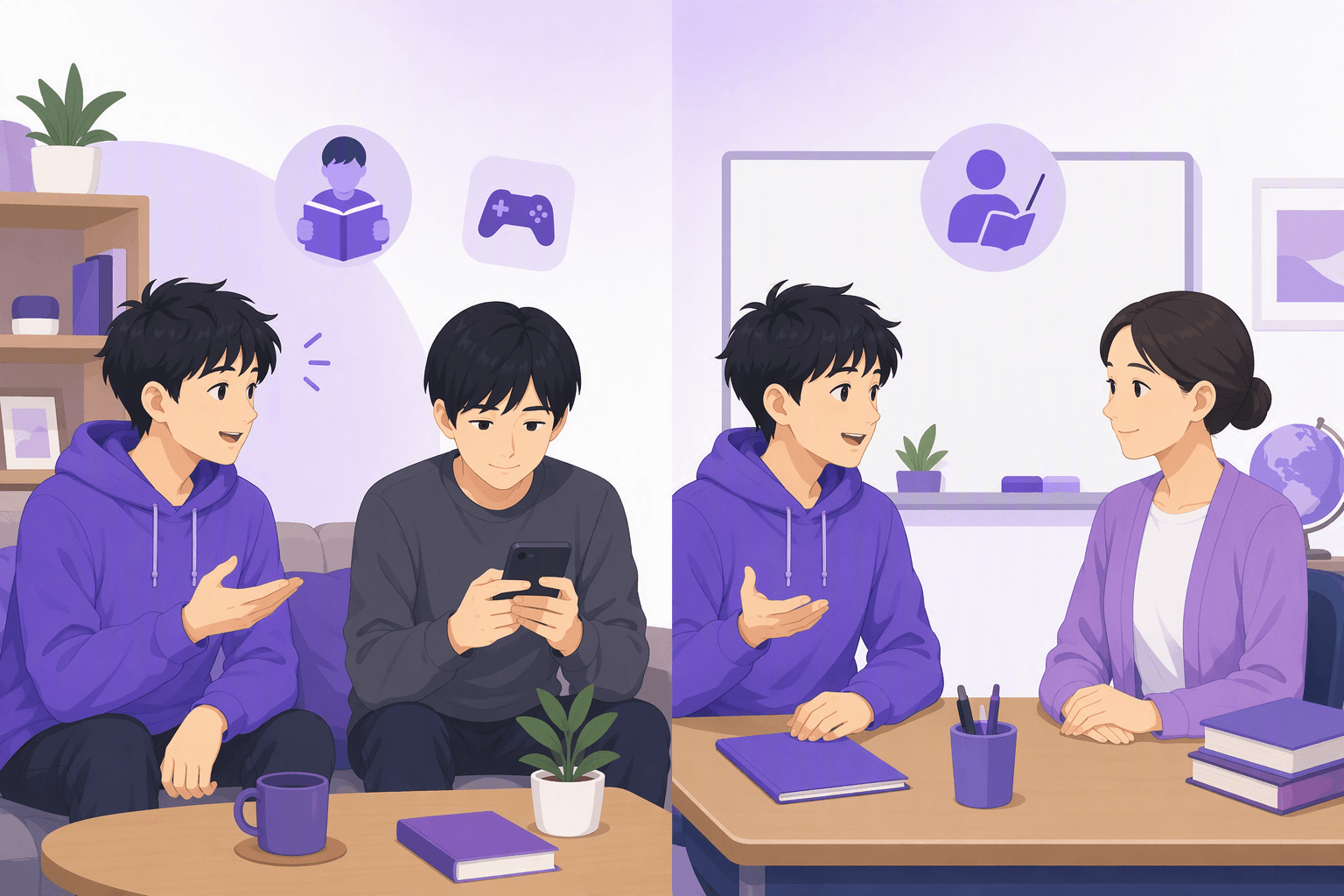 Flat-vector illustration of a language learner asking one person a casual question while they use a smartphone and asking a teacher a polite question in a classroom.