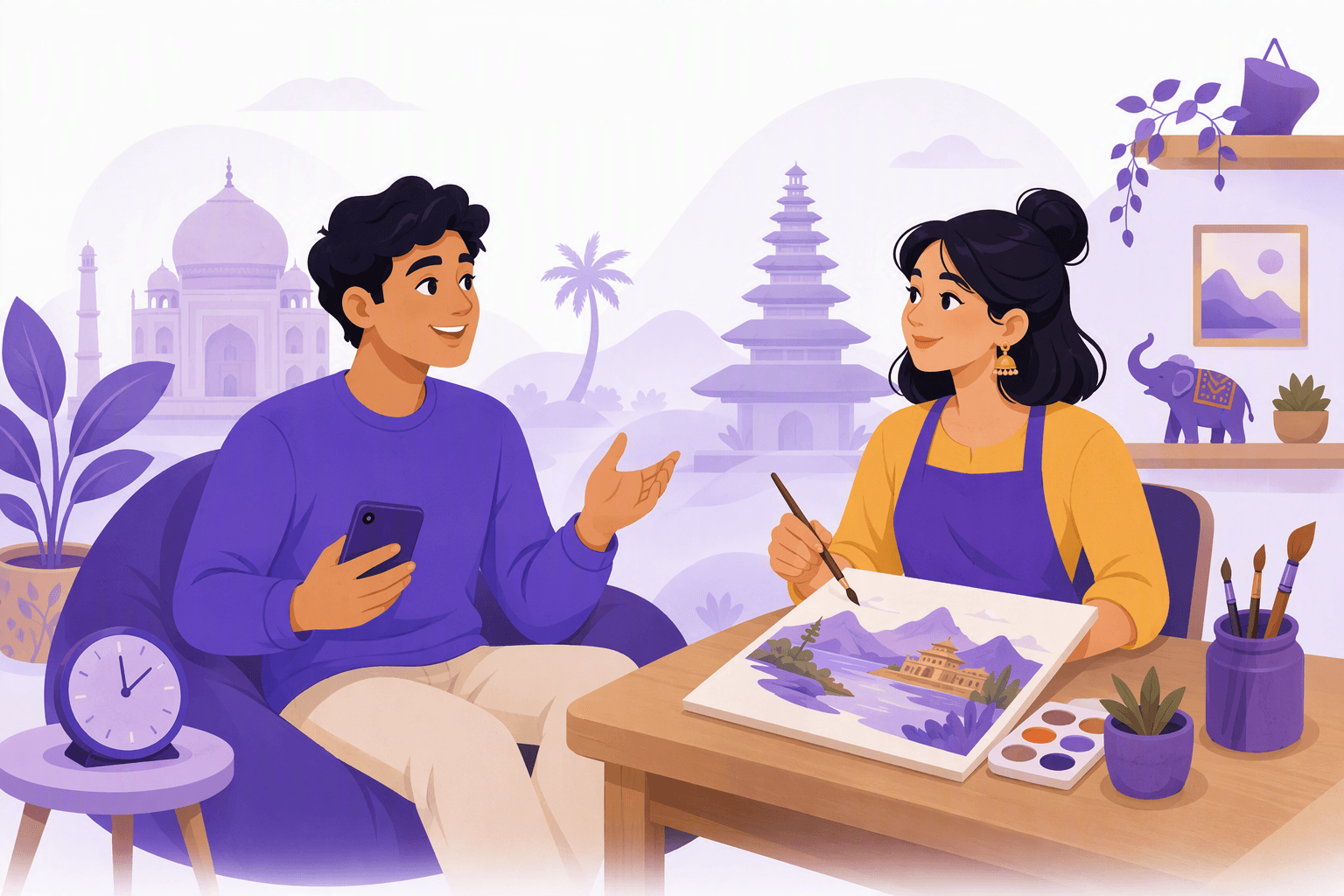 Flat-vector scene showing two people conversing, one checking a phone near a clock and the other painting at a desk.
