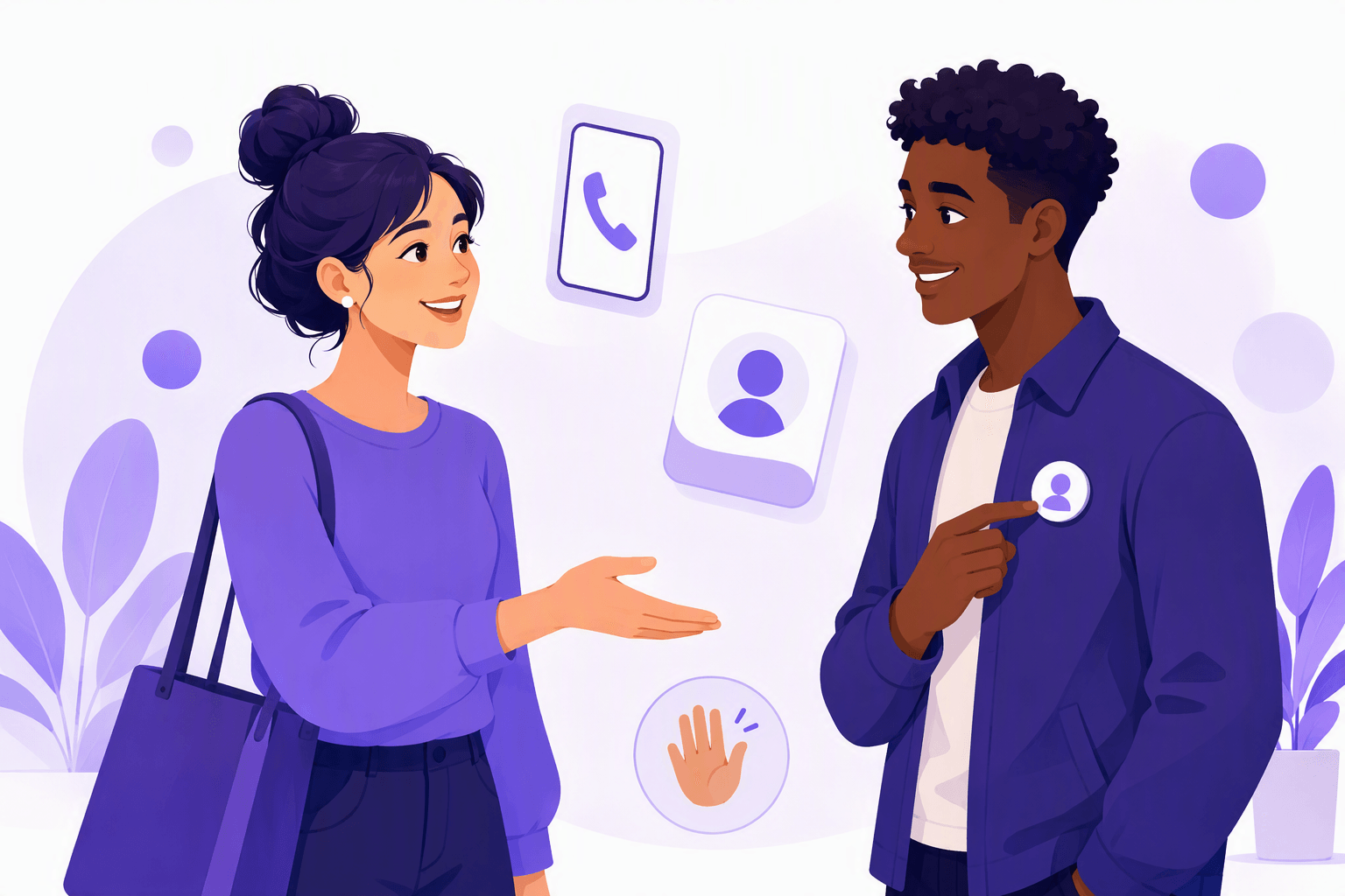 Two people meeting and exchanging names, with a name badge, a business card and a phone icon around them