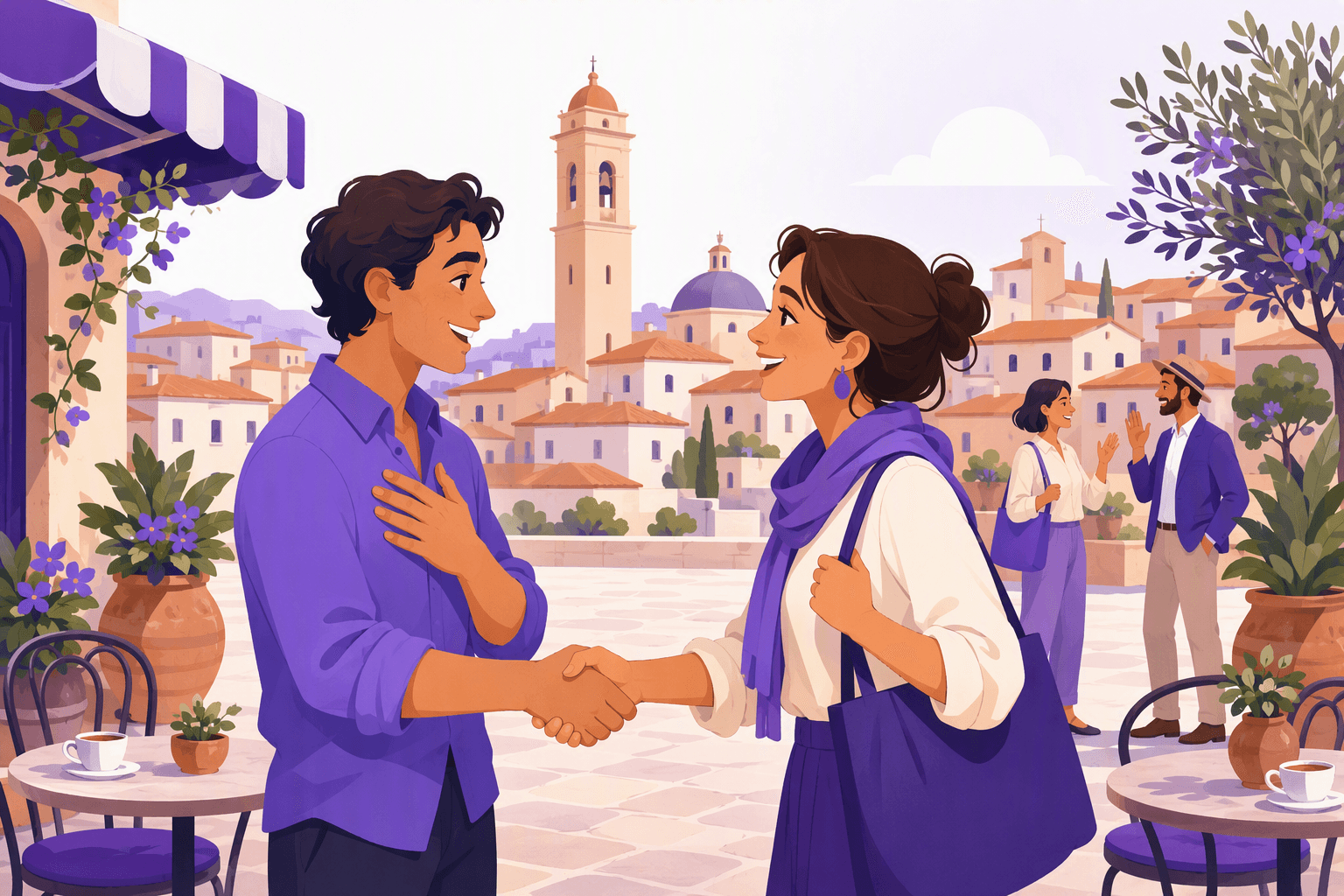 Two people meeting for the first time in an Italian piazza, shaking hands and introducing themselves at a cafe terrace