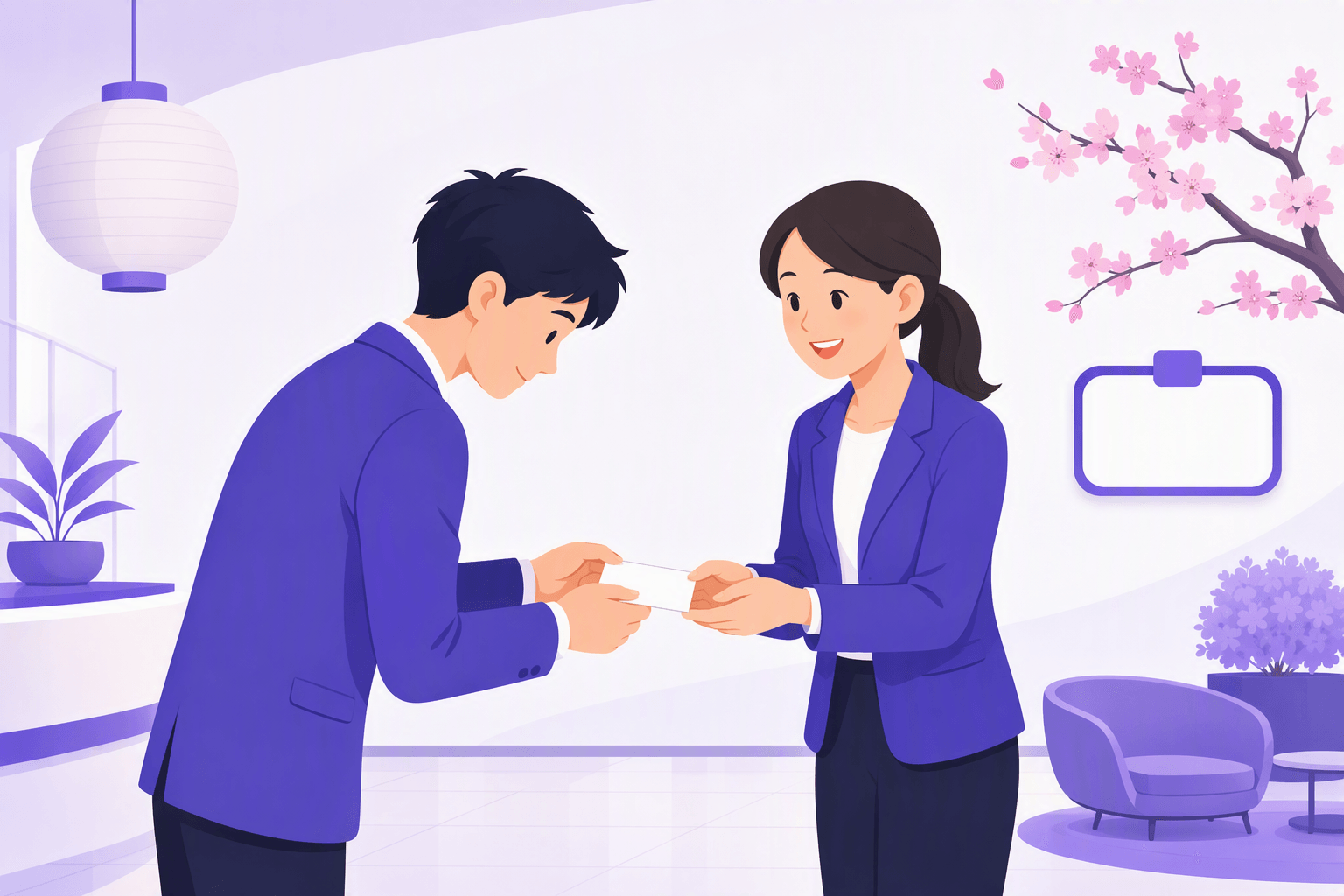 Two colleagues exchanging a business card with both hands and a slight bow in a Japanese office lobby