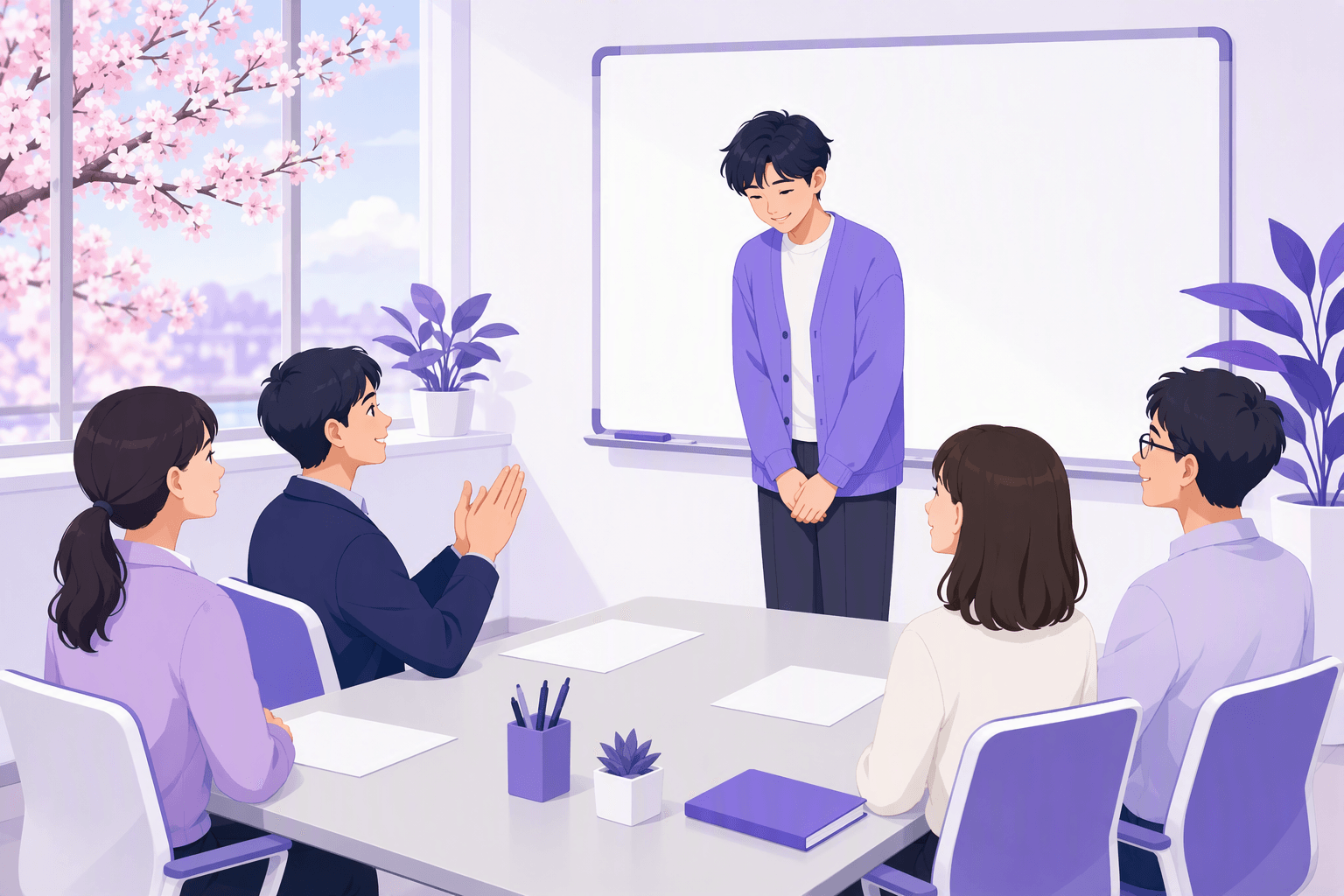 A student standing to give a self-introduction to a seated group in a Japanese classroom