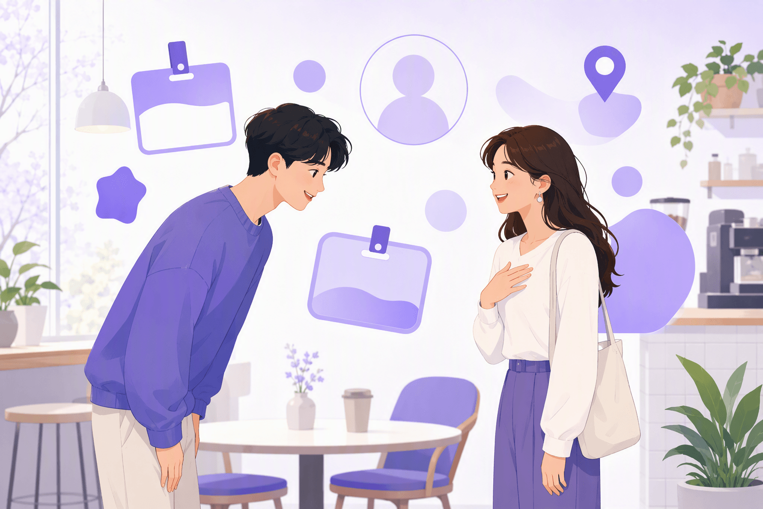Two people meeting in a Korean cafe, one bowing in greeting while the other gestures toward themselves to introduce their name