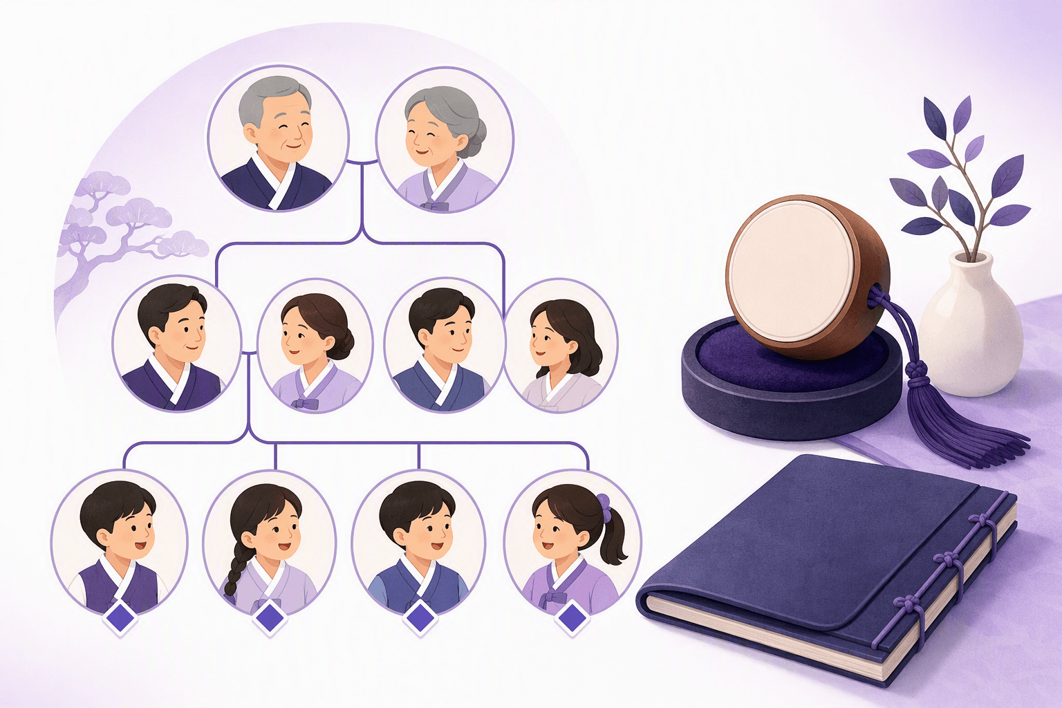 Three-generation Korean family tree of portrait circles, the youngest siblings marked with a shared emblem, beside a round name seal and a family register book