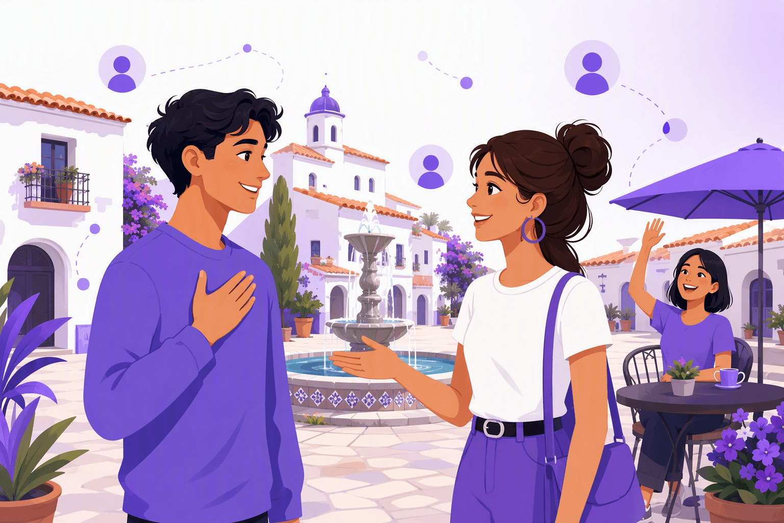 Two people introducing themselves to each other on a sunny Spanish plaza, one gesturing to their own chest while the other offers a welcoming open hand