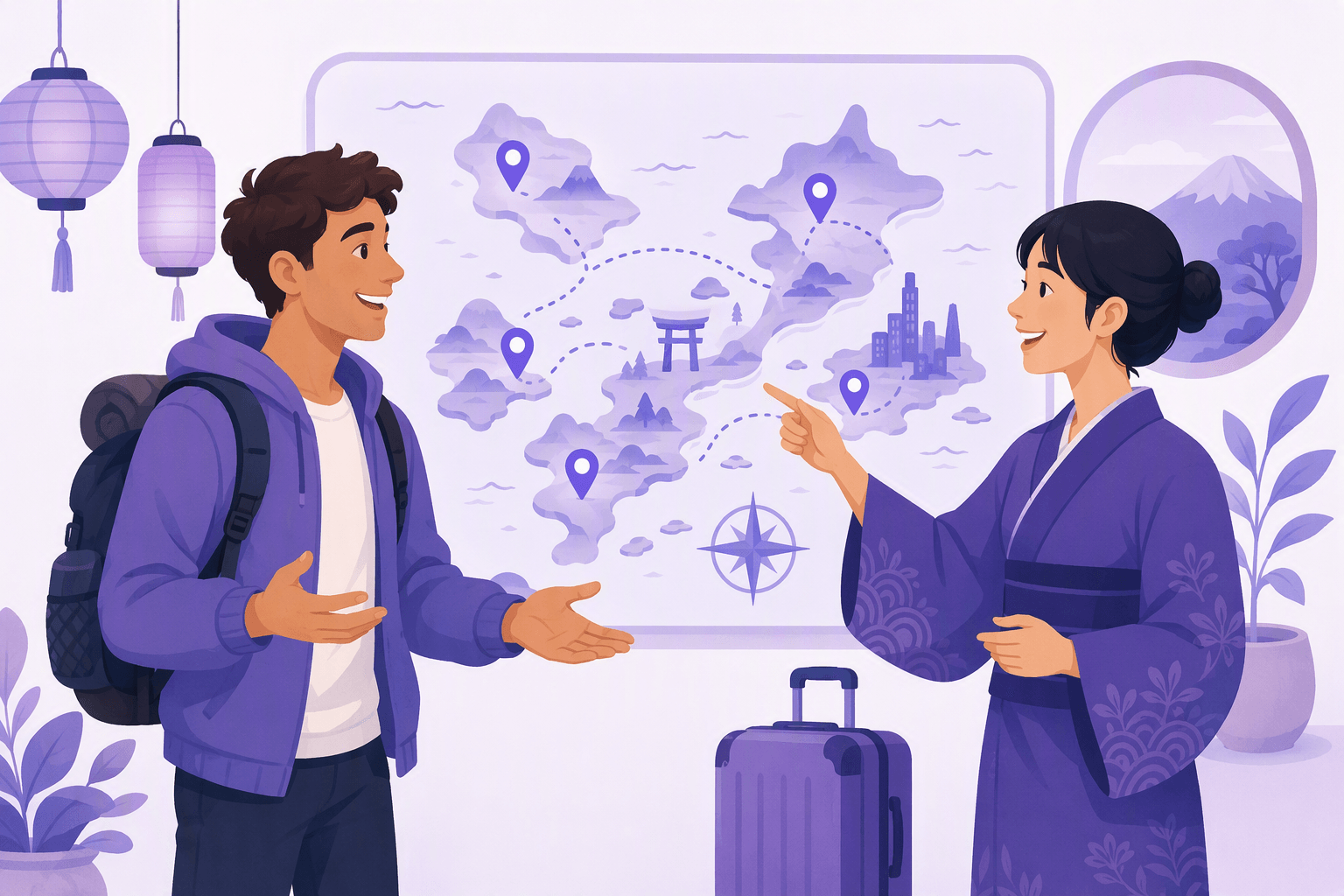 A traveler and a local introducing themselves in front of a map of Japan with location pins, illustrating how to ask where someone is from in Japanese