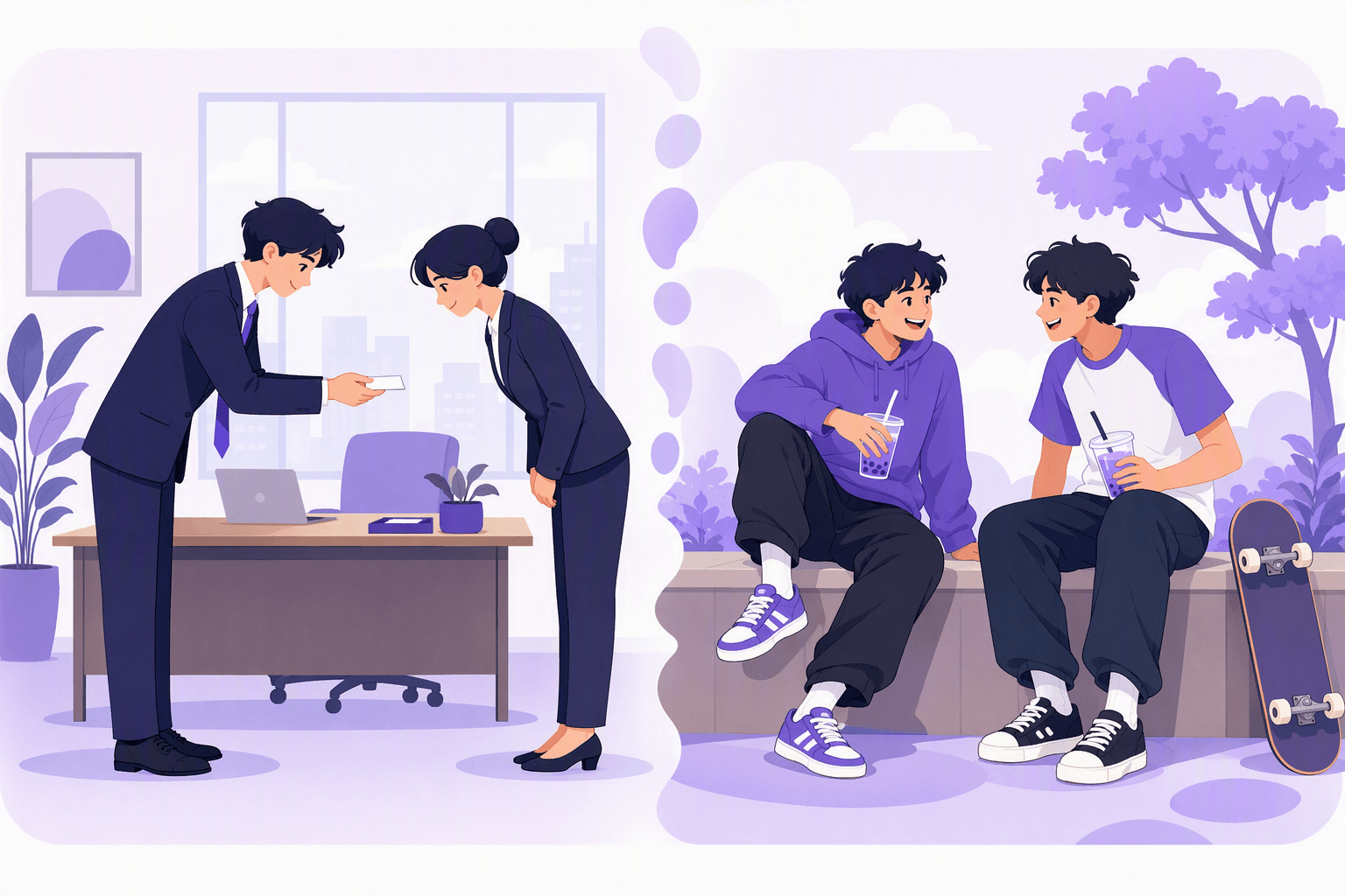 A formal office introduction with a bow and a business card on one side, and two relaxed friends chatting on a bench on the other, showing the two politeness registers for asking where someone is from