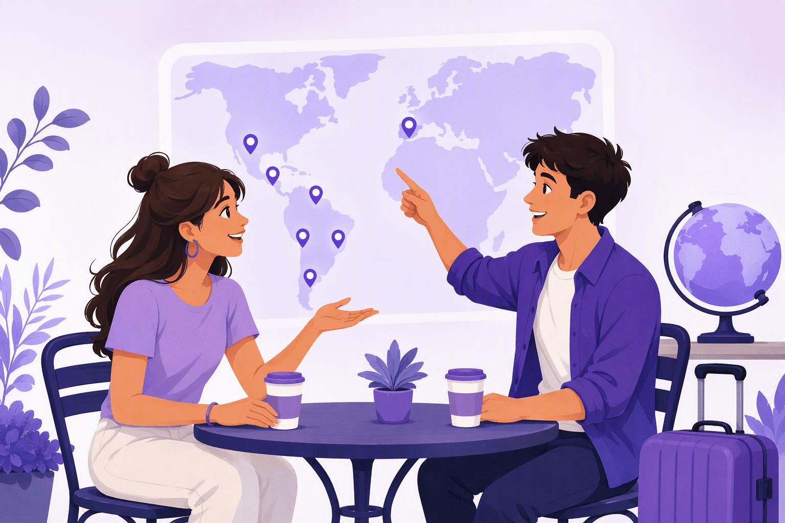 Two people meeting at a cafe table, one asking where the other is from while a map marks cities across Spain and Latin America
