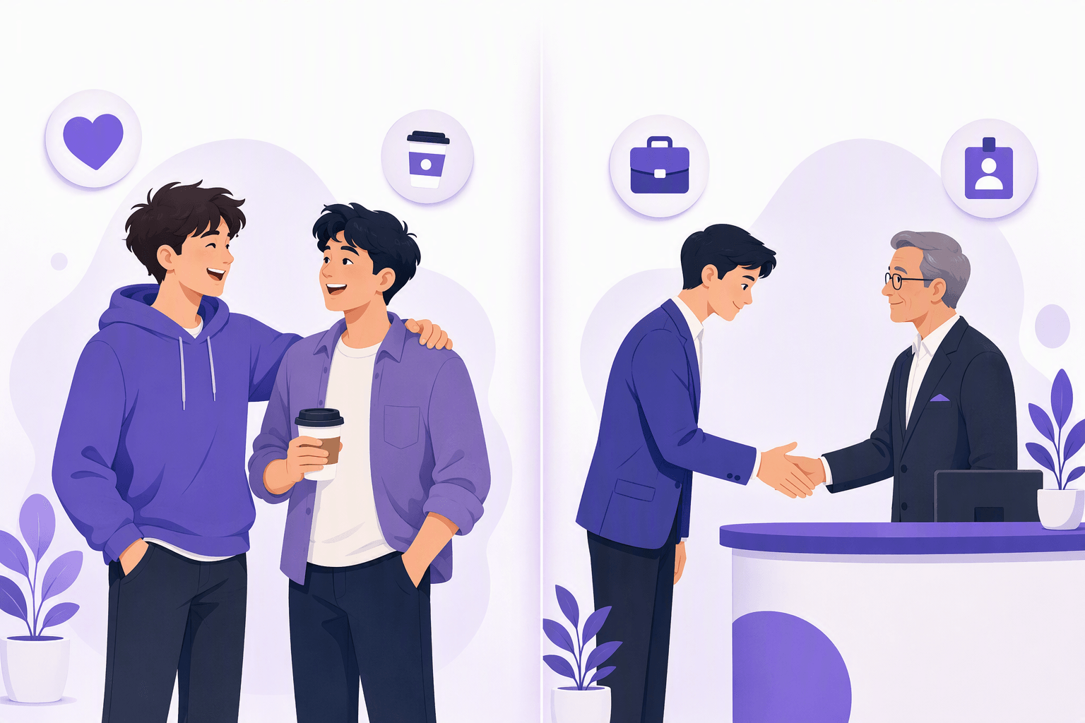 Split illustration comparing an informal chat between two friends and a formal handshake at a reception desk