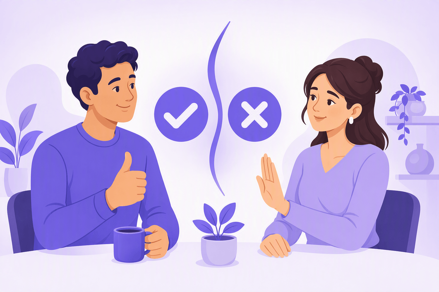 Two people in conversation, one agreeing with a thumbs-up gesture and the other politely declining with an open palm