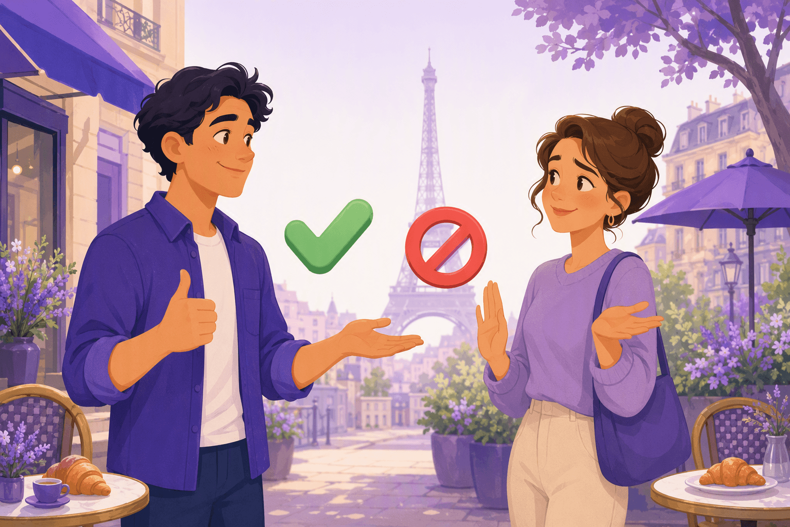Two people at a Paris cafe terrace, one gesturing agreement with a thumbs-up and the other politely declining with a raised hand