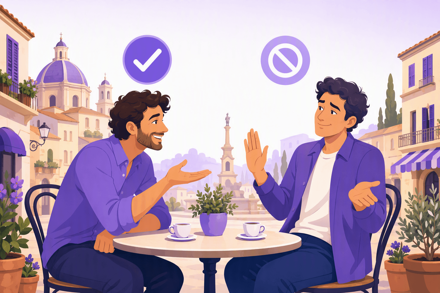 Two friends at a café table in an Italian piazza, one leaning in with an open palm of agreement, the other raising a hand in a polite decline
