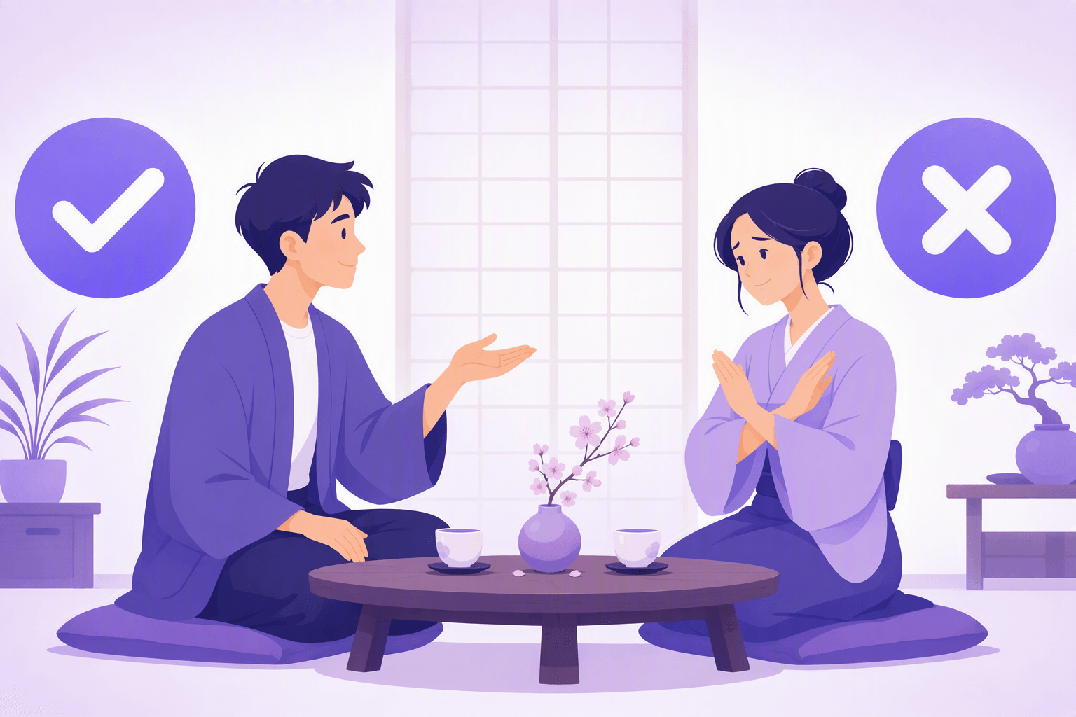 Two people kneeling at a low table in a Japanese room, one offering an open-palm gesture of agreement, the other crossing her forearms in a gentle refusal