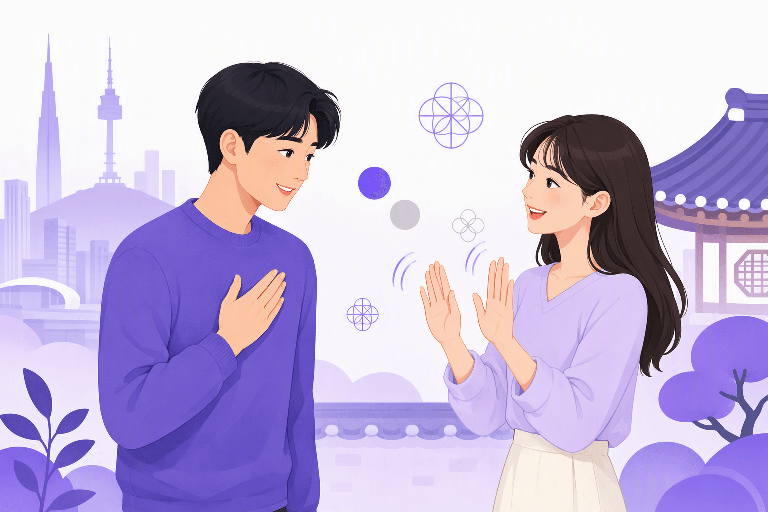 Two Korean speakers facing each other, one nodding in polite agreement while the other waves an open palm to decline