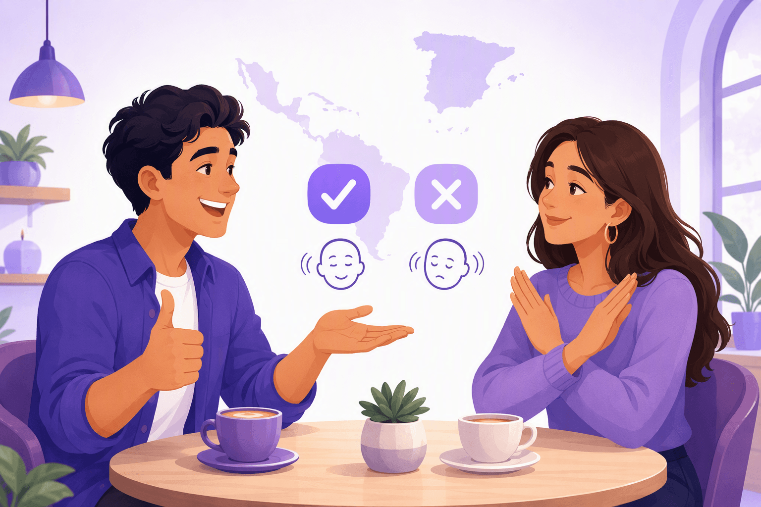 Two friends at a cafe table, one giving an enthusiastic thumbs-up while the other politely declines with crossed hands, with check and cross symbols and a map of Spain and Latin America behind them