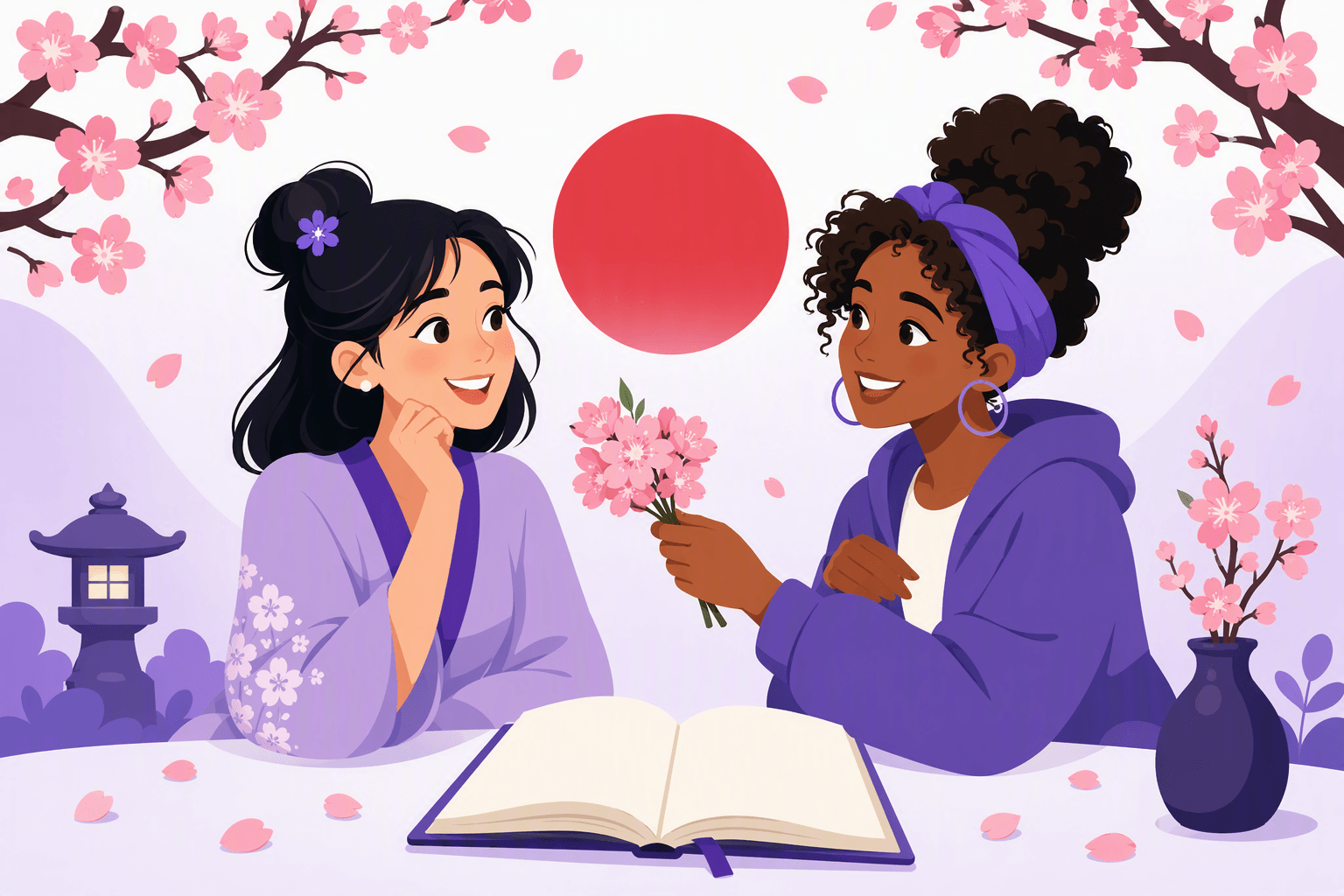 Flat-vector scene of two friends exchanging a bouquet beneath cherry blossoms beside an open blank notebook, a red sun disk, and twelve flower petals.