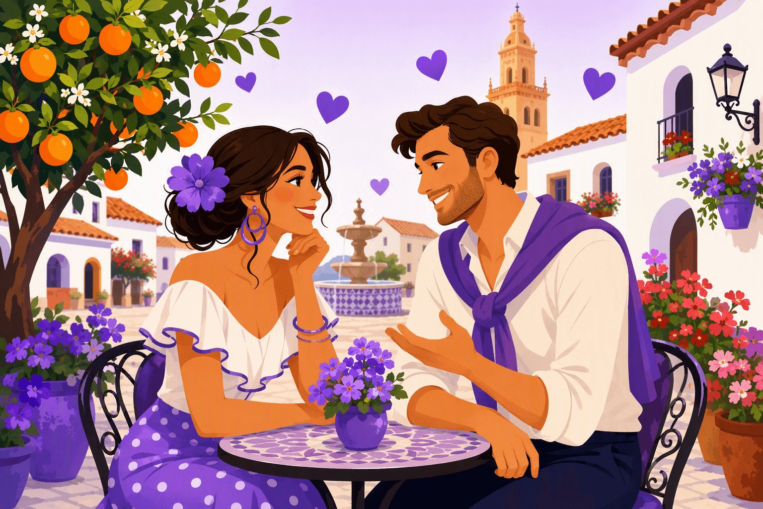 Flat-vector scene of a smiling woman and man exchanging friendly compliments in a sunny Spanish plaza beside flowers, an orange tree, and a café table, with heart icons floating nearby.