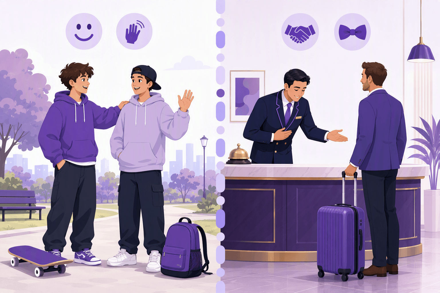 Split illustration: on the left two friends in hoodies exchanging a casual pat and wave in a park, on the right a hotel concierge bowing with an open palm toward a traveller with a suitcase