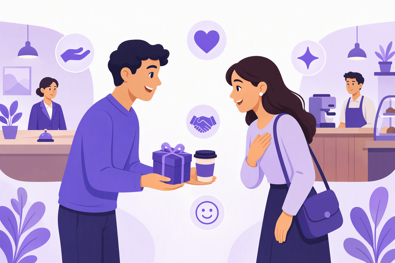 Two people exchanging a small gift and a coffee cup with grateful gestures, with a hotel reception desk and a cafe counter in the background