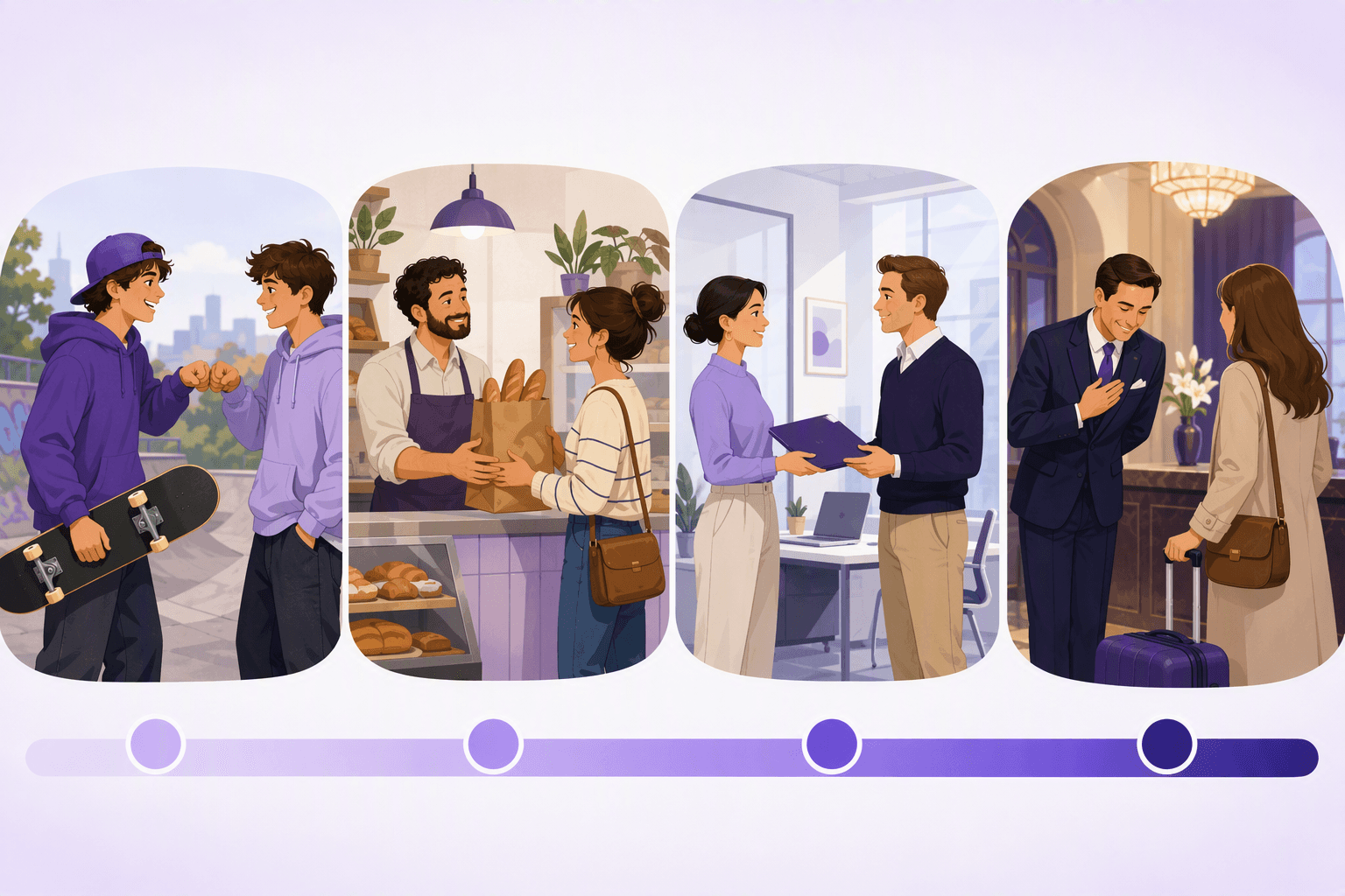 Four everyday scenes rising in formality, from friends bumping fists to a concierge greeting a hotel guest