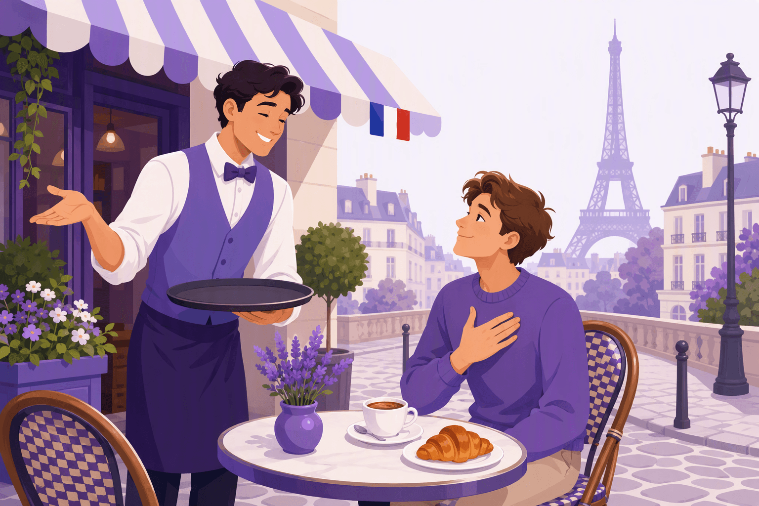 A waiter on a Paris cafe terrace answers a guest's thanks with a warm open-palm gesture