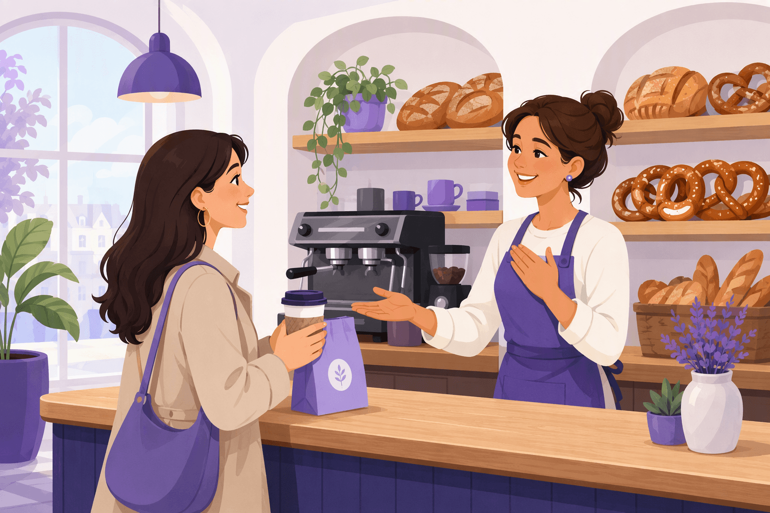 A bakery counter exchange in German: a customer thanks the shop assistant for coffee and a pastry, and the assistant answers with a warm open-palm welcoming gesture