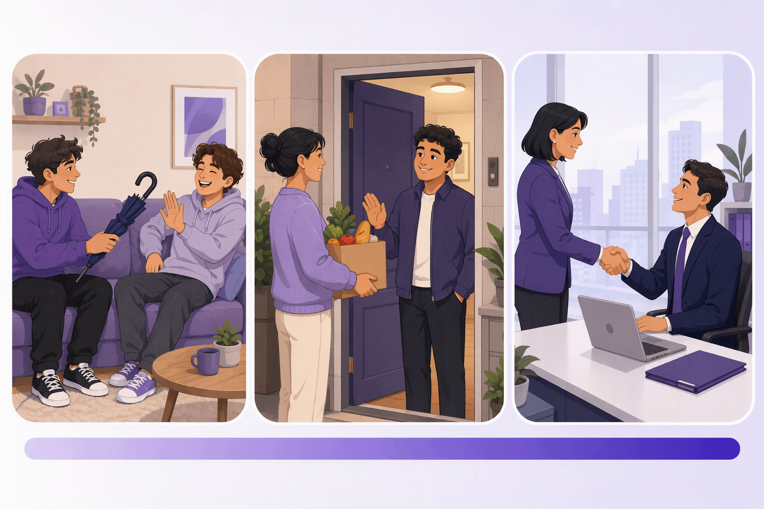 Three scenes showing the same thank-you waved off with rising formality: friends on a sofa, neighbours at a doorway, and colleagues shaking hands in an office