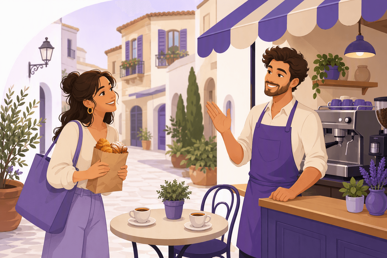 An Italian barista waves off a customer's thanks with an open-palm gesture at a sunny street cafe