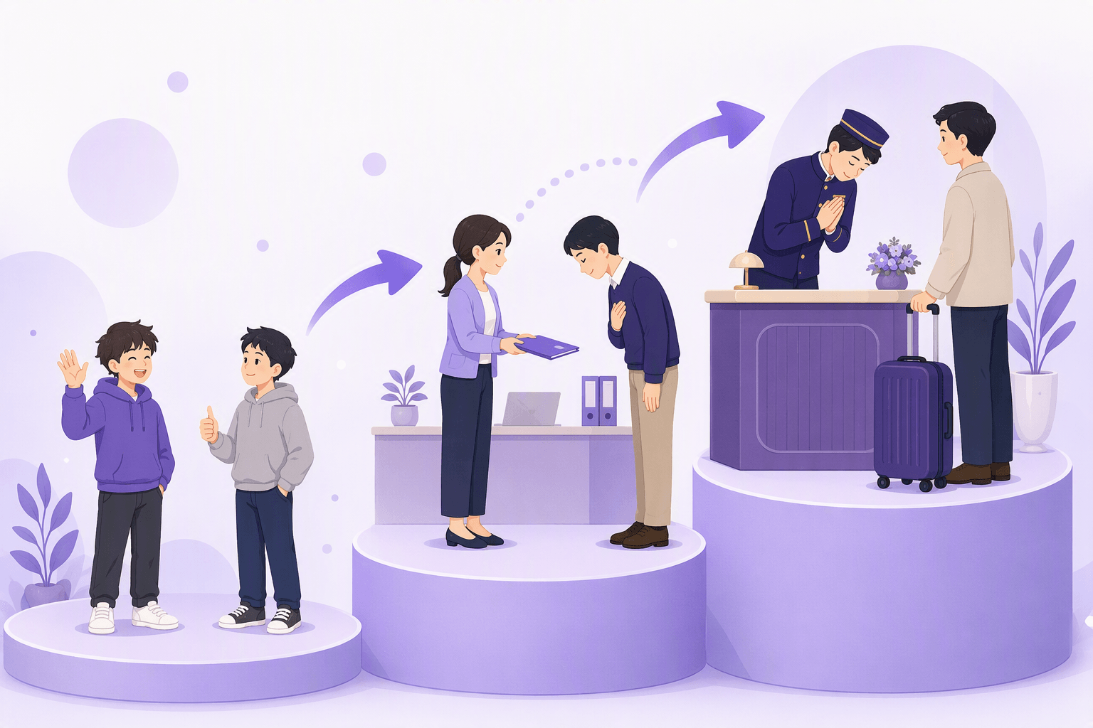 Three rising platforms show the same reply at three politeness levels: friends waving casually, colleagues exchanging a folder with a half bow, and a hotel concierge bowing deeply to a guest