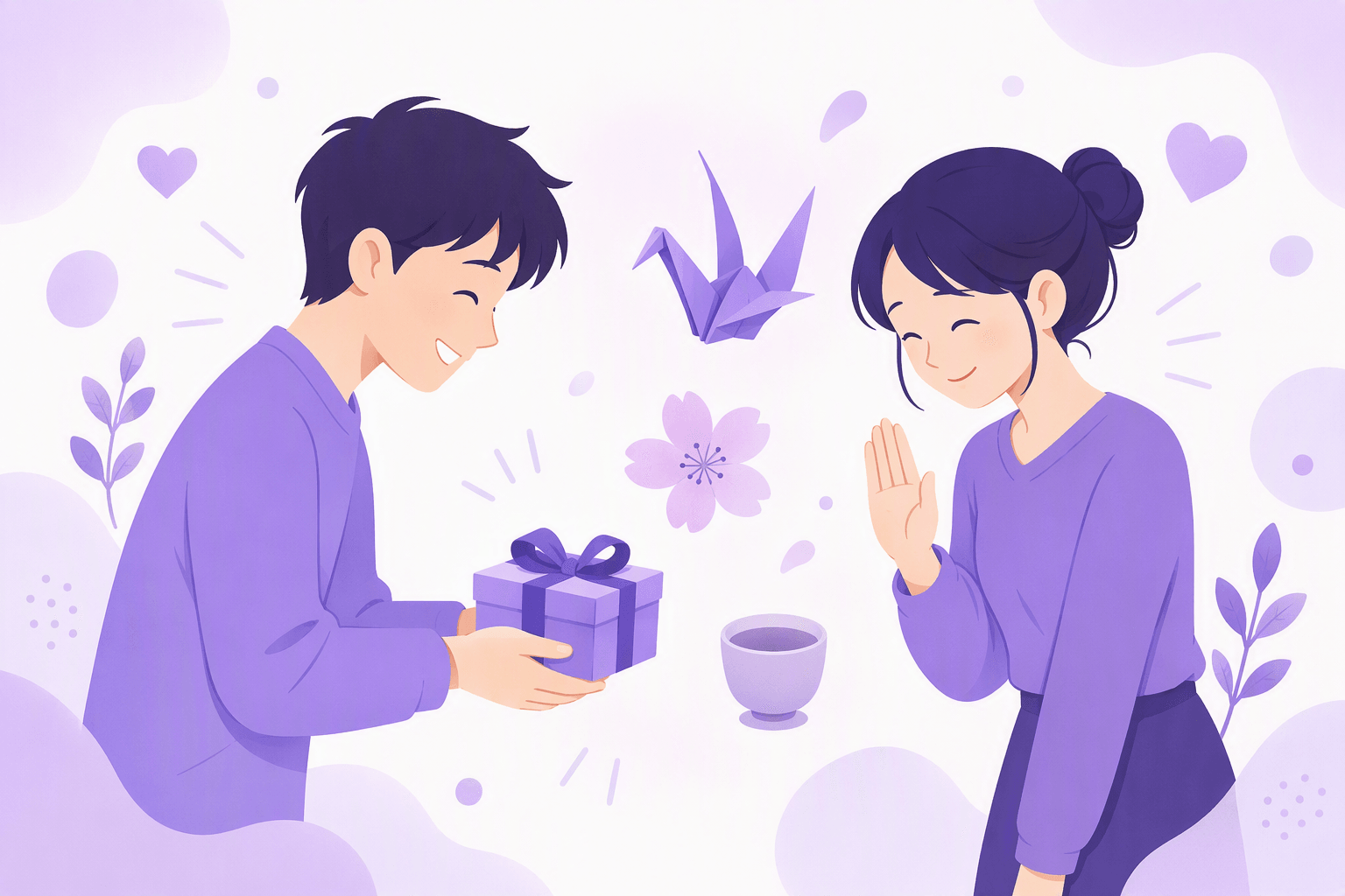 One person offers a gift with both hands while the other waves a modest hand and bows slightly, deflecting the thanks