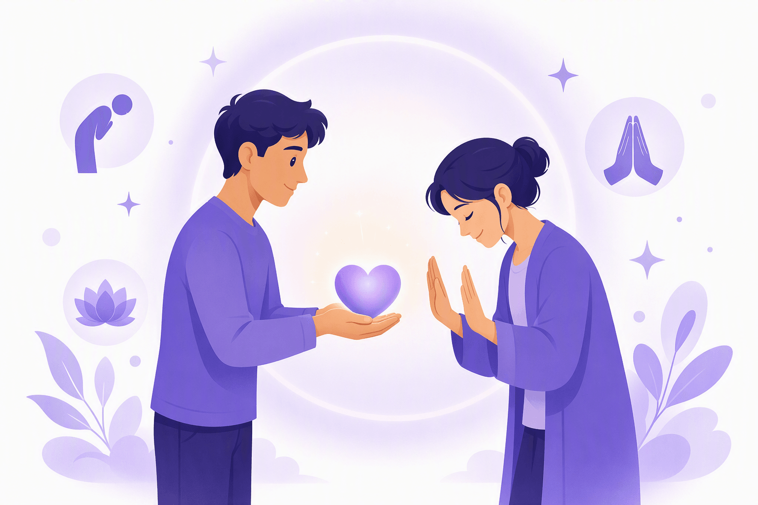 One person holding out a glowing heart of gratitude while the other bows slightly and gently pushes it back with open palms, illustrating humble deflection