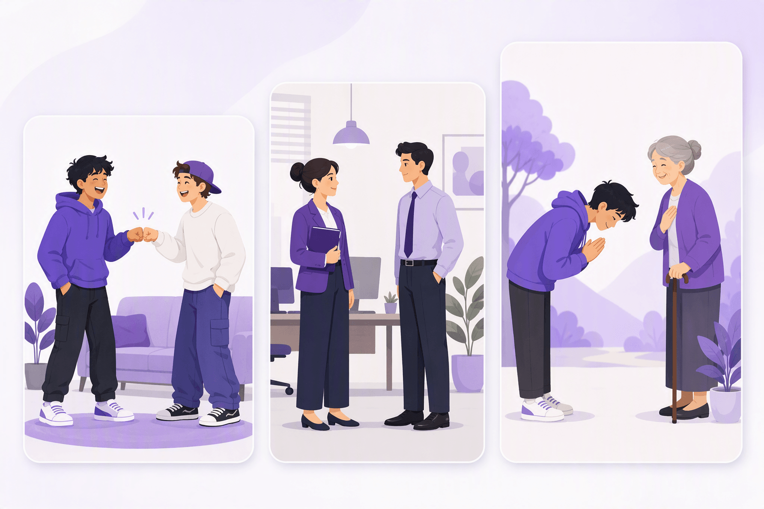 Three scenes side by side: friends bumping fists casually, two colleagues nodding politely in an office, and a young person bowing deeply to a smiling elder