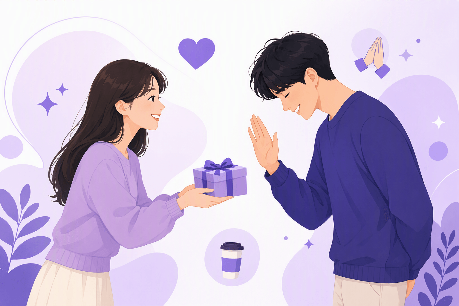 A person offering a small gift with both hands while the other smiles, waves a hand and dips their head in a modest Korean gesture of deflecting thanks