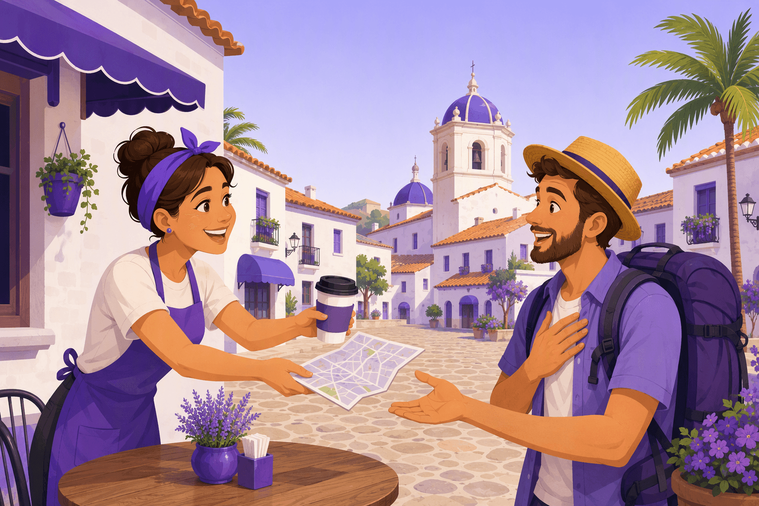 A cafe worker in a sunny Spanish plaza hands a coffee and a map to a grateful traveler who responds with a thankful gesture