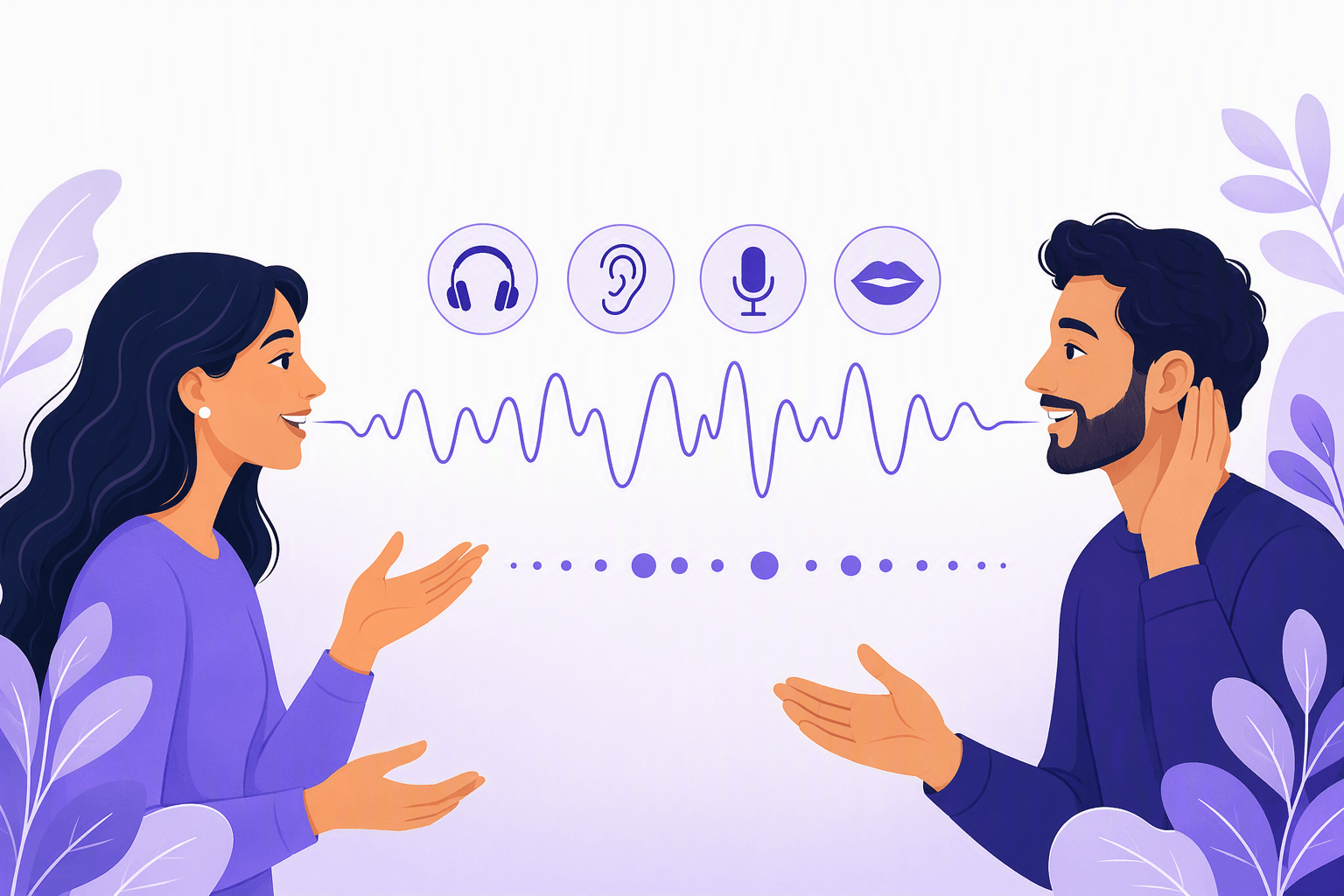 Two speakers facing each other in conversation, one gesturing and one cupping an ear to listen, with a single shared sound wave running between them, headphone, ear, microphone and mouth icons above and a row of evenly spaced rhythm dots below