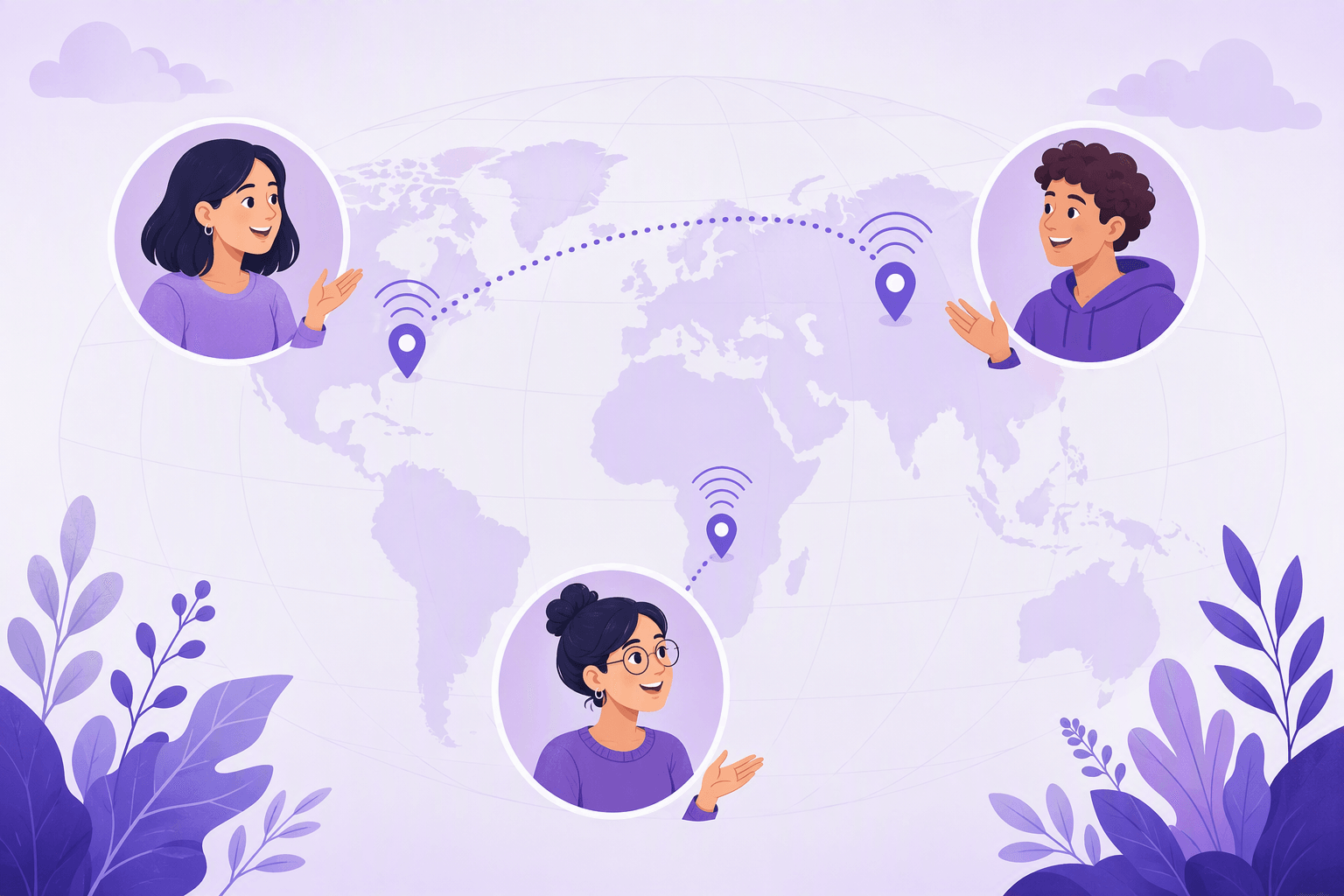 Three smiling speakers in circular portraits placed across an unlabeled world map, each linked by dotted lines to a location pin with radiating signal arcs, showing that Spanish has several native accent models