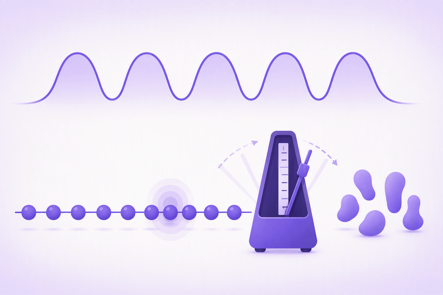 A line of identical evenly spaced beads next to a swinging metronome and a smooth regular waveform, contrasted with a small cluster of irregular uneven blobs, illustrating steady syllable timing versus an uneven rhythm
