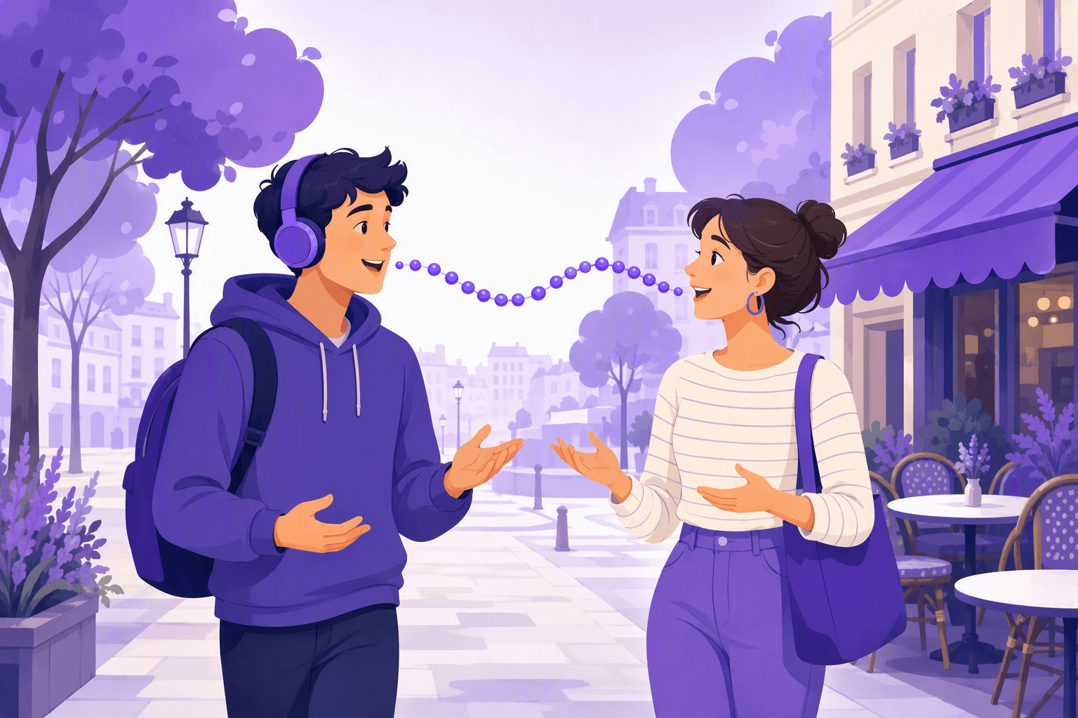 A learner wearing headphones walks along a French street beside a local speaker, both turned toward each other with open hand gestures, while an unbroken chain of evenly spaced beads flows from one mouth to the other as a picture of steady speech rhythm