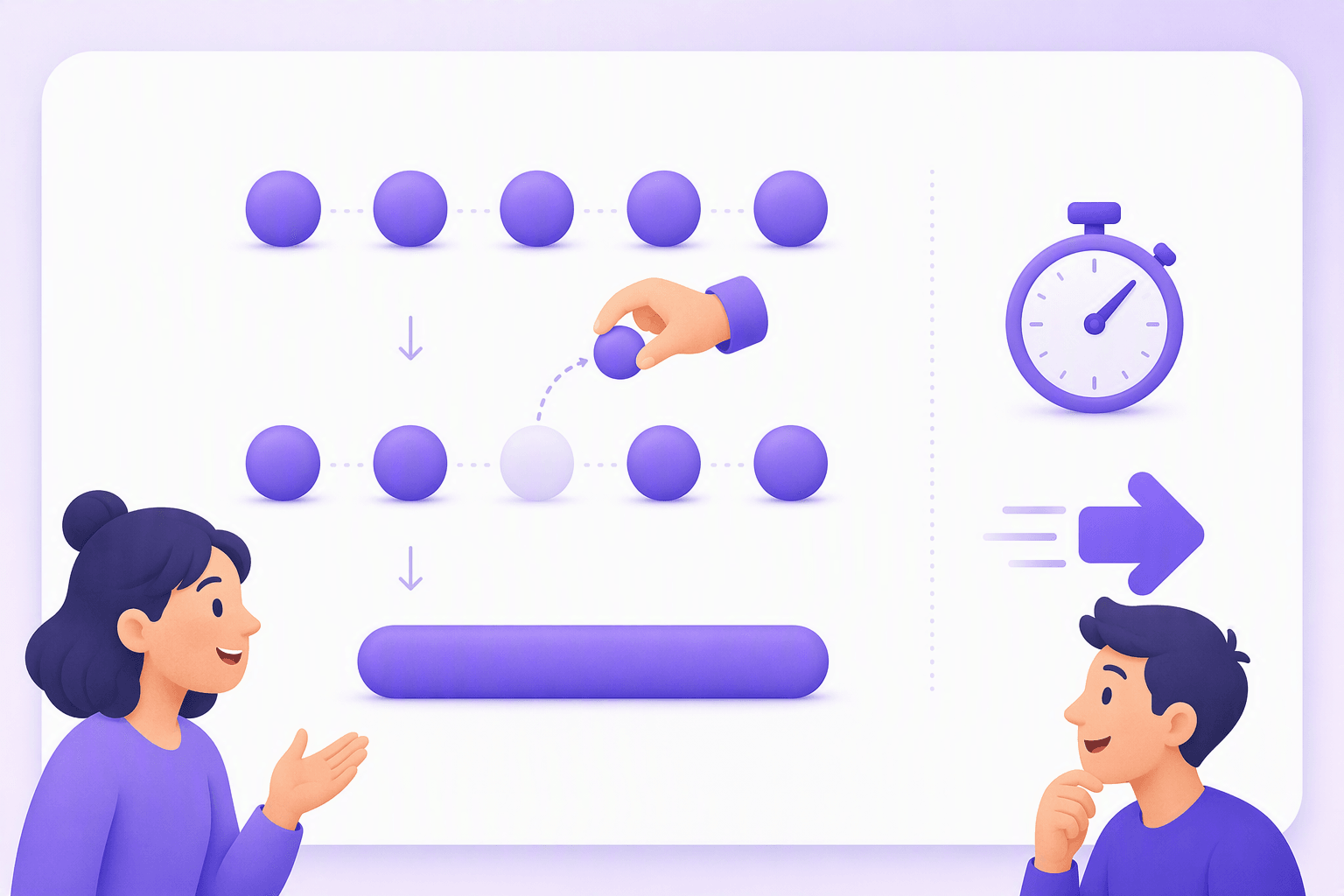 Three stacked rows of rounded beads showing a sentence shrinking: five separate beads on top, then the same row with one pale bead being lifted away by a hand, then the remaining beads merged into a single smooth capsule, with a stopwatch and a forward arrow at the side