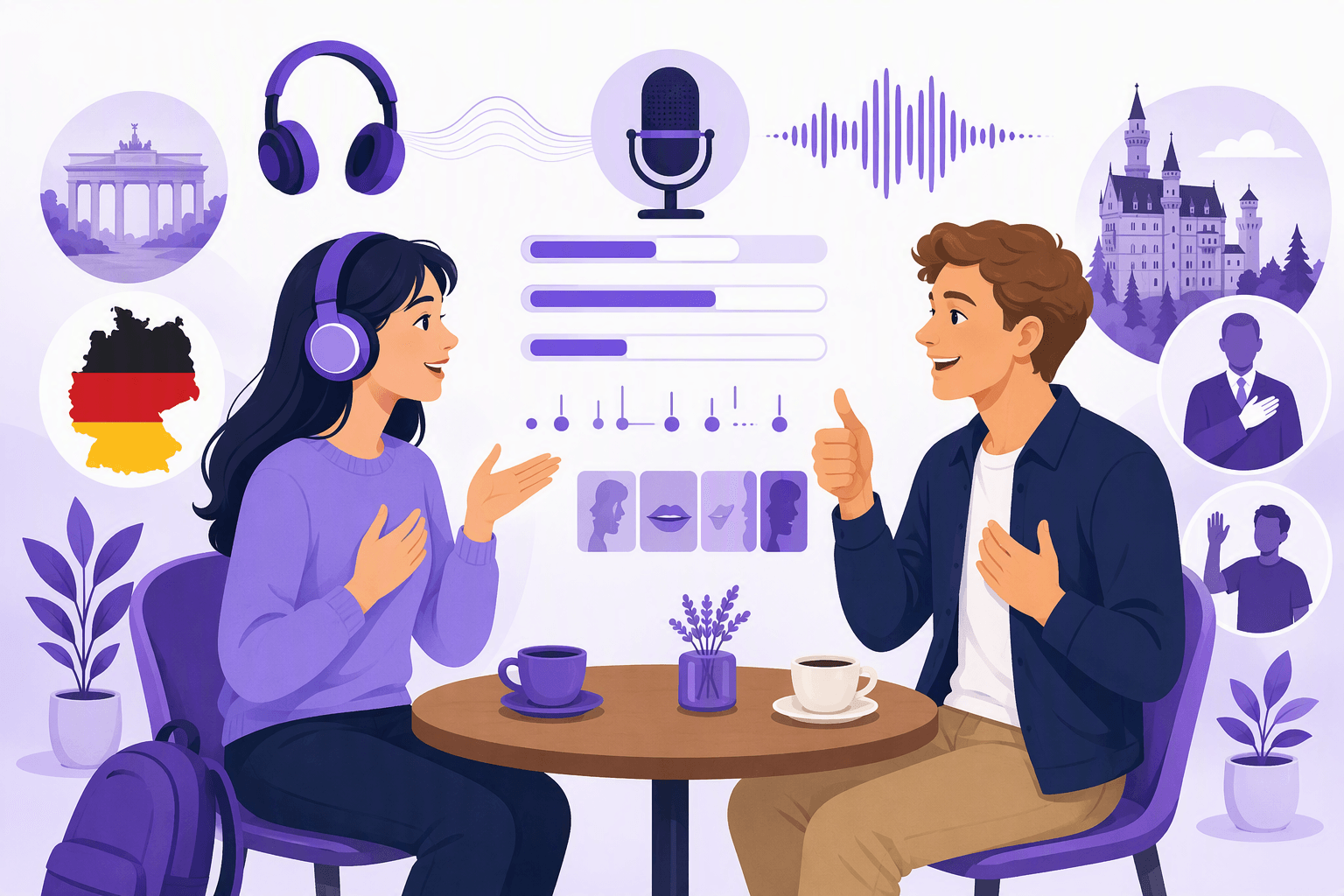 A language learner practices German pronunciation and natural conversation with a native speaker using audio equipment and visual cues for vowel length, final consonants, rhythm, intonation, and politeness.