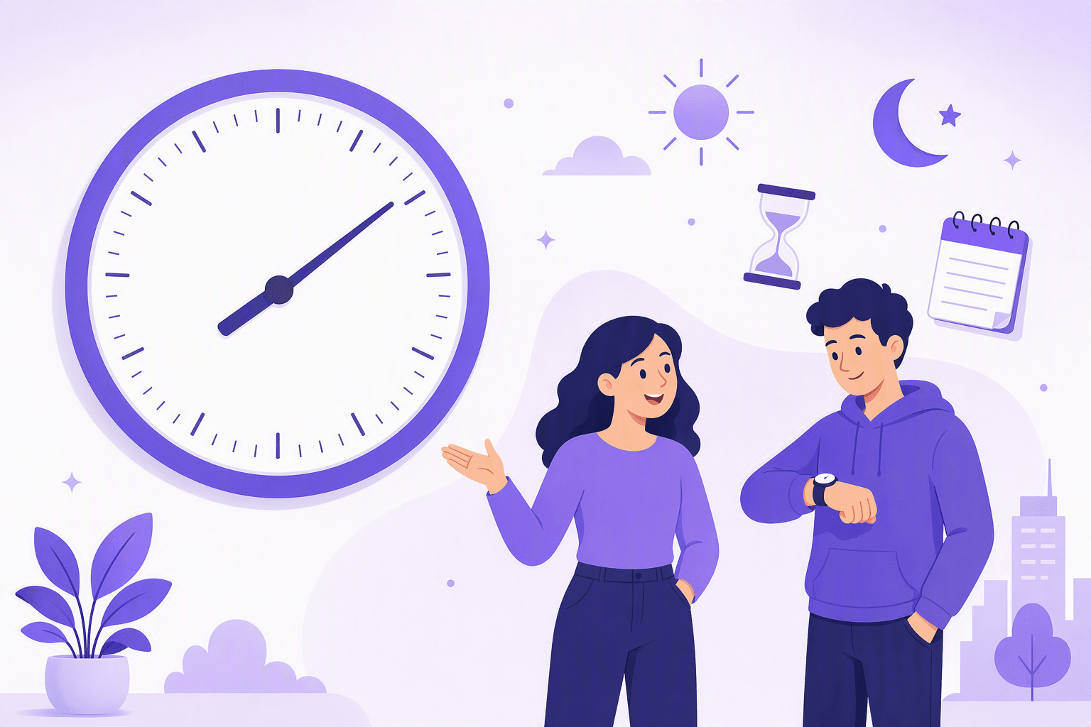 Two people on a city street beside a large round wall clock with plain tick marks and no numerals, one of them checking a wristwatch, surrounded by small icons of a sun, a crescent moon, an hourglass and a blank notepad