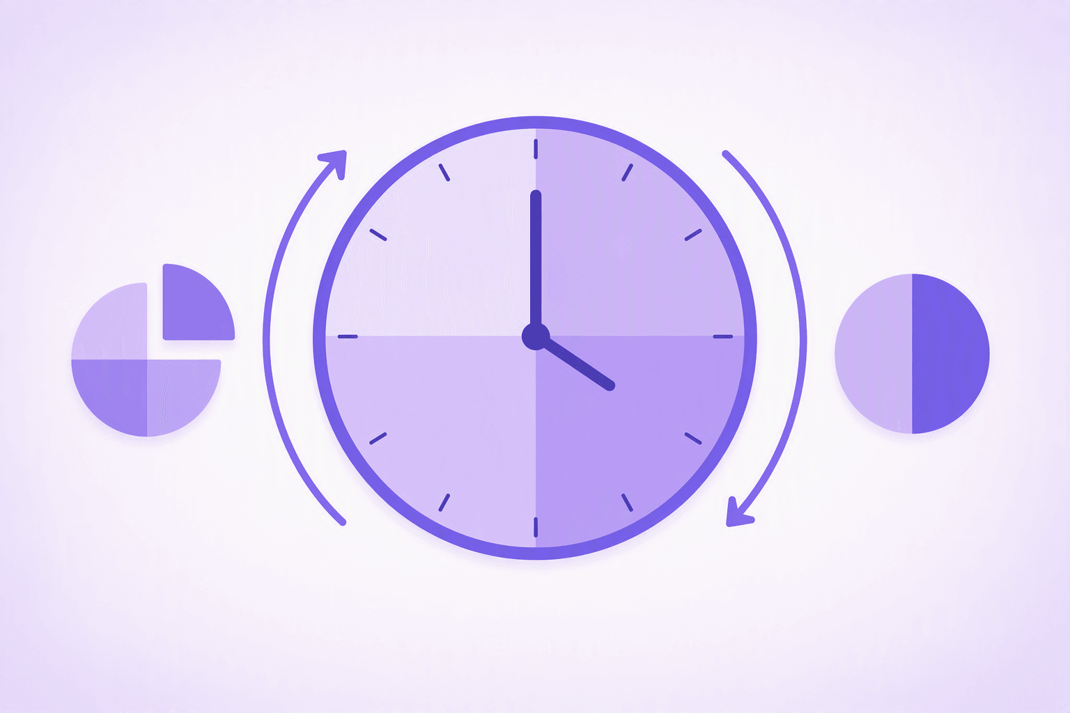 A clock dial with plain tick marks and no numerals, split into four shaded quarter segments, with a curved arrow sweeping down the right half and another sweeping up the left half, flanked by a circle with one quarter slice cut out and a circle split in half