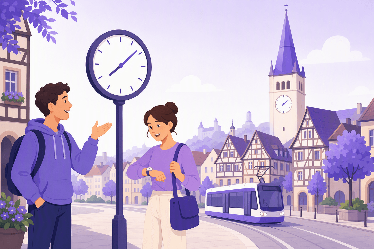 Two people talking on a sunny old-town square beside a tall public clock with a plain tick-mark dial, one gesturing toward the clock while the other checks a wristwatch, with half-timbered houses, a church tower clock and a tram in the background