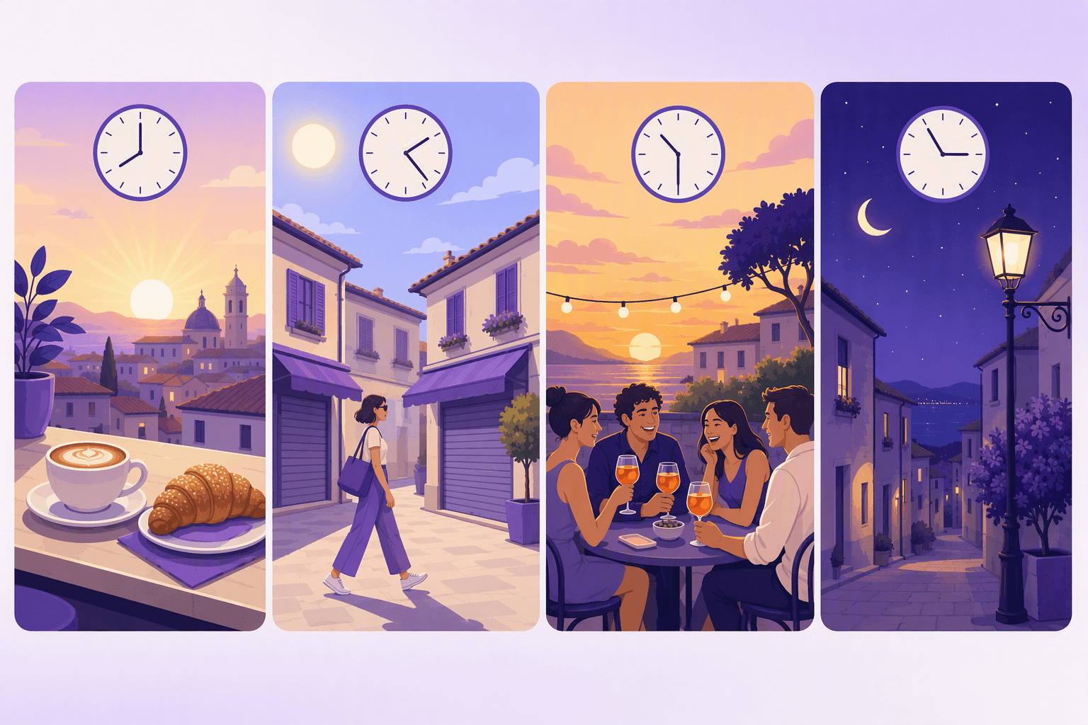 Four panels showing the Italian day: a sunrise cappuccino and cornetto, a bright afternoon street, an evening aperitivo at sunset, and a quiet lamplit street at night, each with a plain clock face