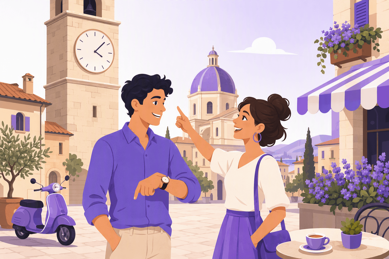 Two friends in an Italian piazza agreeing on a meeting time, one tapping a wristwatch while the other points at the bell tower clock