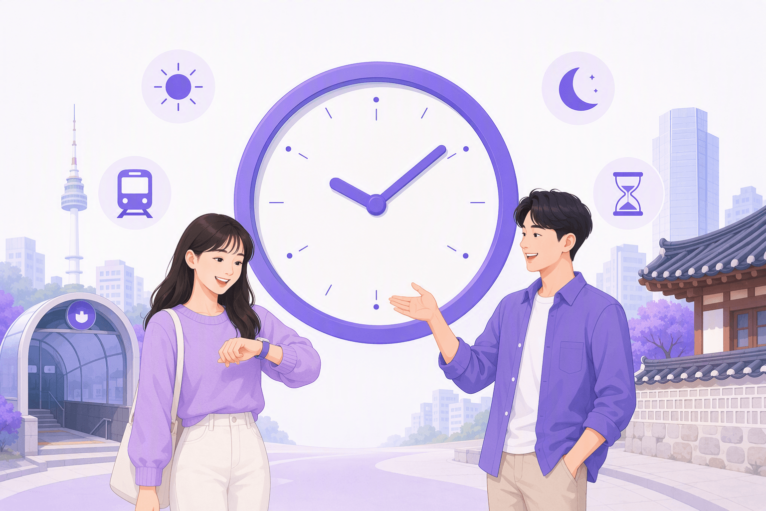 Two friends in a Seoul street checking a large clock face marked with tick marks, surrounded by sun, moon, train and hourglass icons