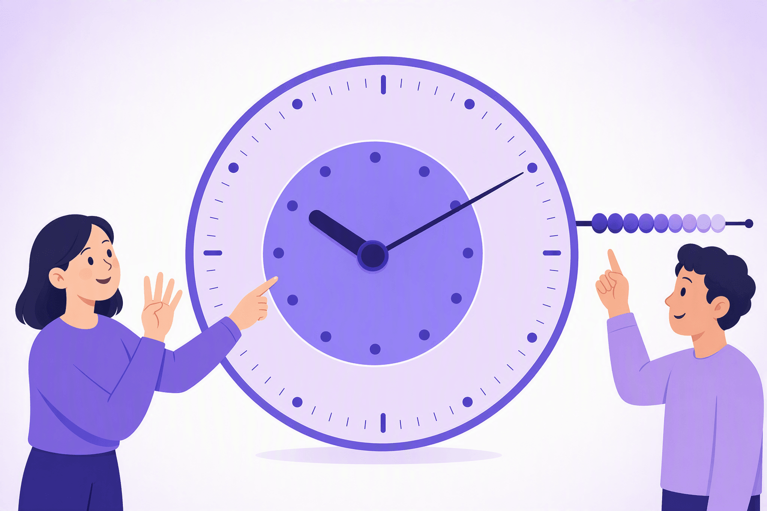 Clock face split into an inner hour zone and an outer minute ring, with a counting hand pointing at the hours and a bead rail pointing at the minutes