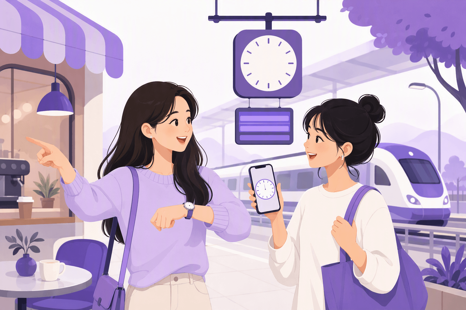 Two friends meeting outside a cafe by a train platform, one tapping her wristwatch while the other shows a phone displaying a plain clock face