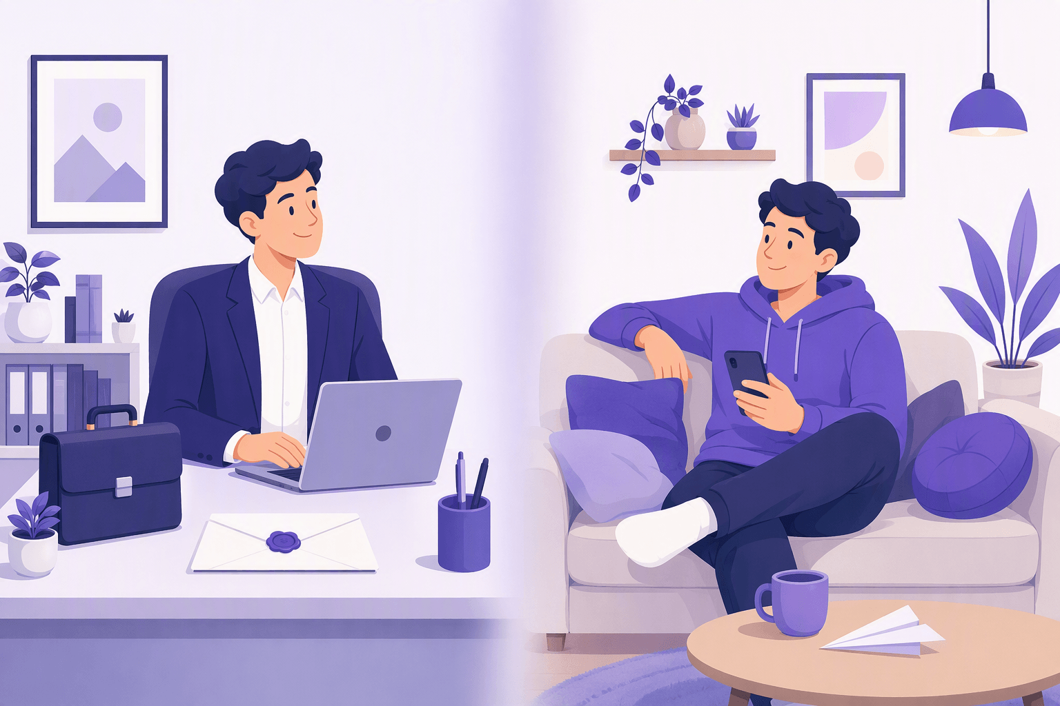 A split illustration contrasting a formal setting, a person in a blazer writing at a tidy desk with a sealed envelope, with a casual one, the same person relaxed on a sofa with a phone and a paper plane